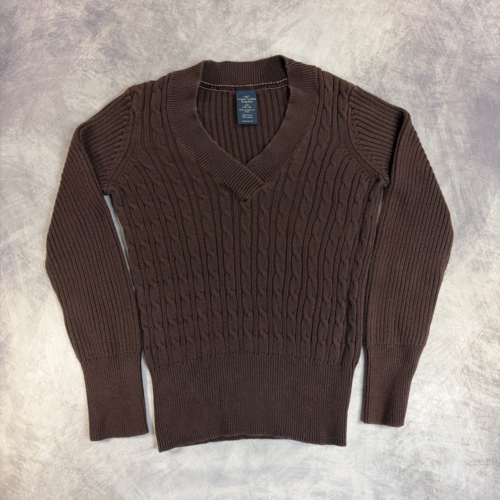 VTG Faded Glory Chocolate Brown Cable Knit V Neck Cotton Sweater Large